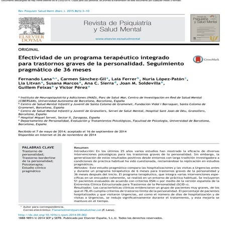 Efectividad de un programa terapéutico integrado para trastornos graves de la personalidad. seguimiento pragmático de 36 meses