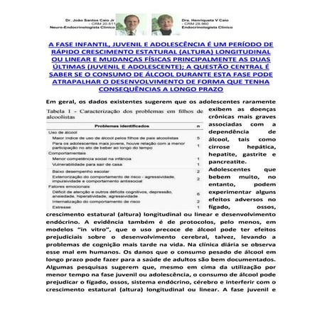 CRESCER:JUVENIL/ADOLESCENTE:EFEITOS DO ÁLCOOL SOBRE PROCESSOS FISIOLÓGICOS E ...