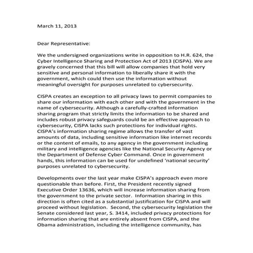 Open Letter From EFF Opposing CISPA 