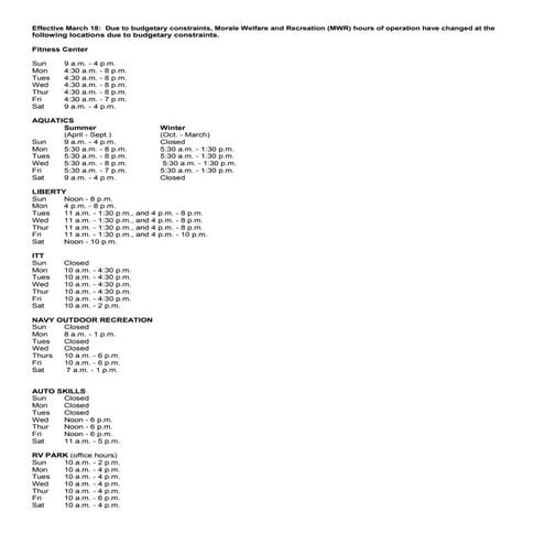 NCBC MWR Hours of Operation
