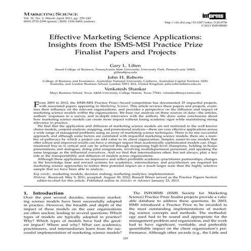 Effective Marketing Science Applications: Insights from the ISMS-MSI Practice Prize Finalist Papers and Projects