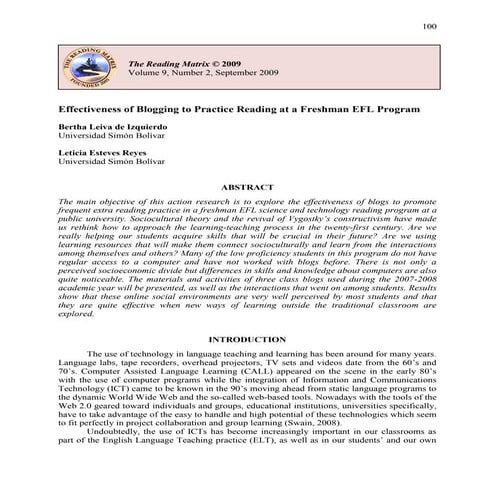 Effectiveness of blogging to practice reading at a freshman efl program
