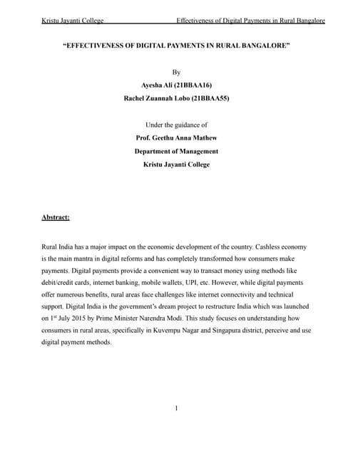 EFFECTIVENESS OF DIGITAL PAYMENTS IN RURAL BANGALORE