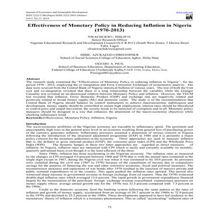Effectiveness of monetary policy in reducing inflation in nigeria (1970 2013)