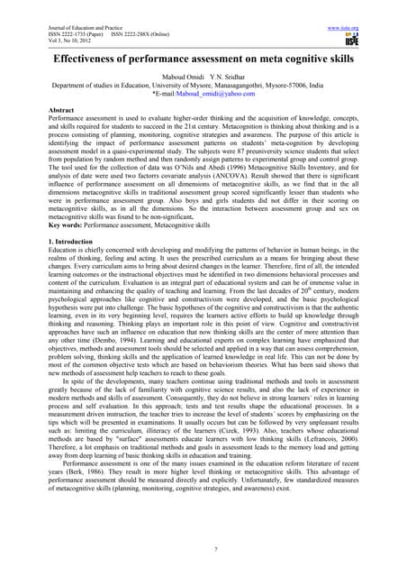 Effectiveness of performance assessment on meta cognitive skills