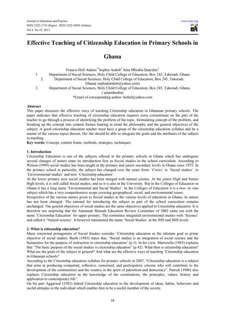 Effective teaching of citizenship education in primary schools in ghana