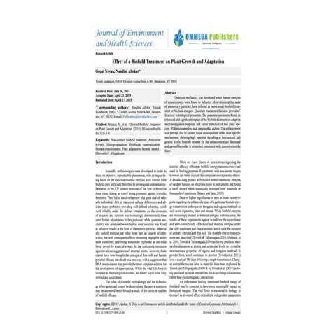 Effect of a biofield treatment on plant growth and adaptation (benth ...