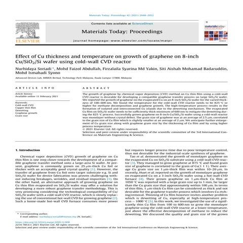 Effect of cu thickness and temperature on growth of graphene on 8 inch Cu/SiO...