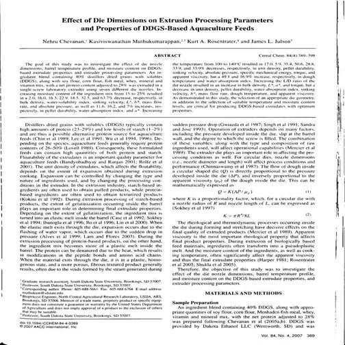 Effect of die dimension on extrusion processing parameters (animal feed)