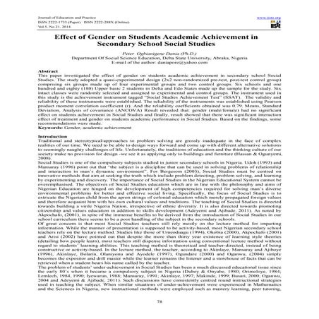 Effect of gender on students academic achievement in secondary school social ...