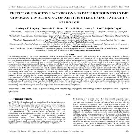 Effect of process factors on surface roughness in dip cryogenic machining of ...