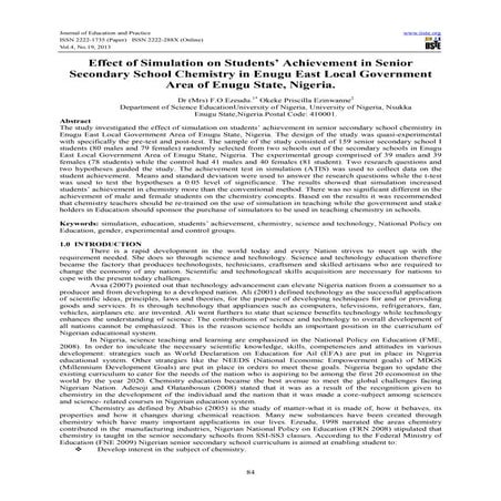 Effect of simulation on studentsí  achievement in senior secondary school che...