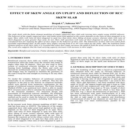 Effect of skew angle on uplift and deflection of rcc skew slab
