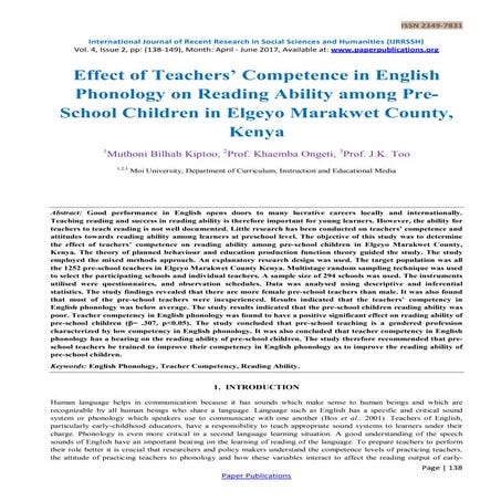 Effect of Teachers’ Competence in English Phonology on Reading Ability among Pre-School Children in Elgeyo Marakwet County, Kenya