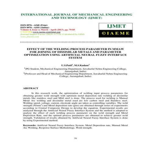 Effect of the welding process parameter in mmaw for joining of dissimilar metals