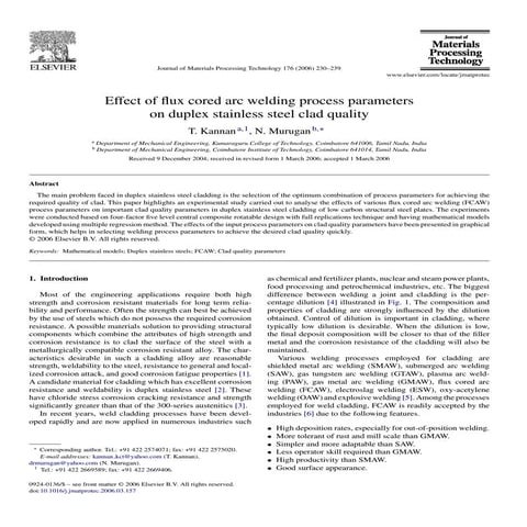 of ﬂux cored arc welding process parameters ond duplex stainless steel clad q...
