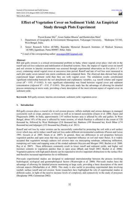 Effect of vegetation cover on sediment yield an empirical study through plots experiment