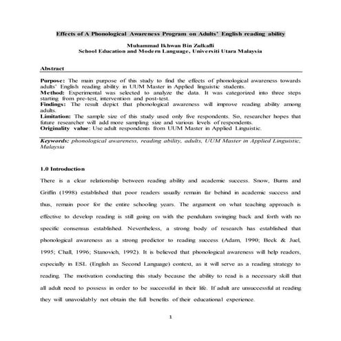 Effects of Phonological Awareness Among ESL Learners