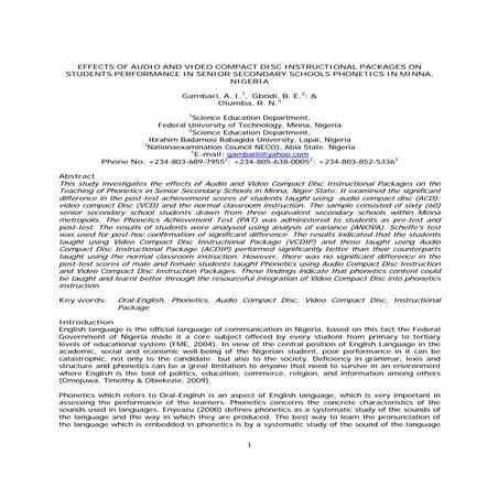 Effects of audio and video compact disc instructional packages on students pe...