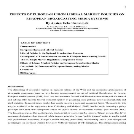 Effects Of Market Liberalization On European Broadcasting Media Systems 