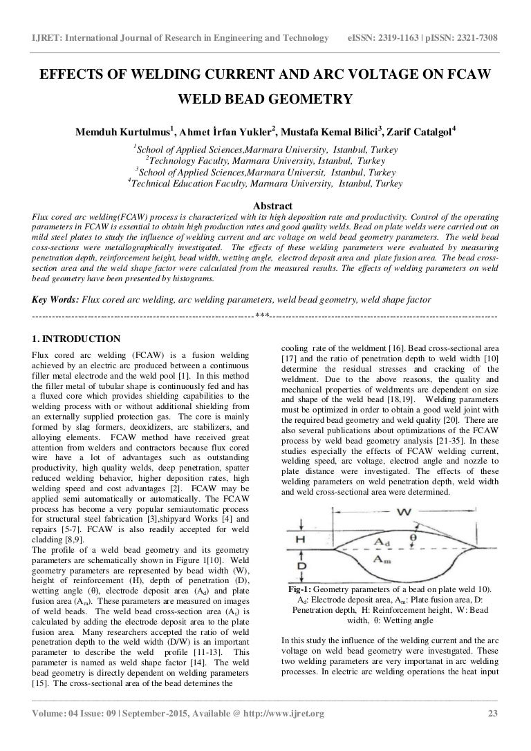 Effects of welding current and arc voltage on fcaw weld bead geometry