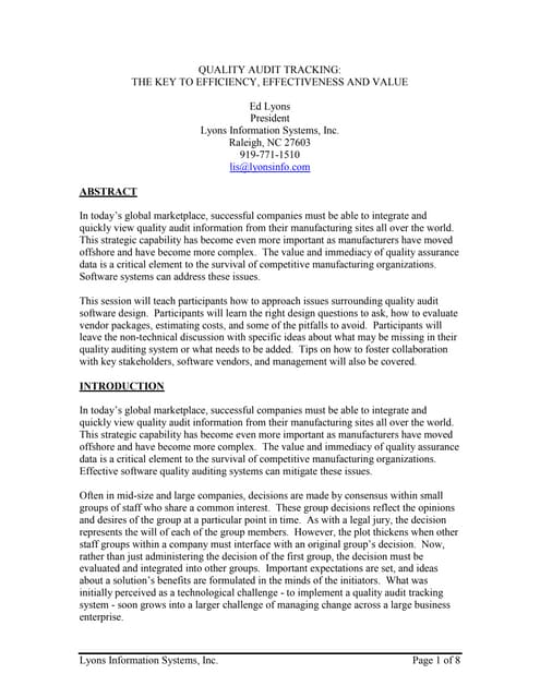 QUALITY AUDIT TRACKING: THE KEY TO EFFICIENCY, EFFECTIVENESS AND VALUE