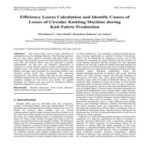 Efficiency losses calculation and identify causes of losses of circular knitt...