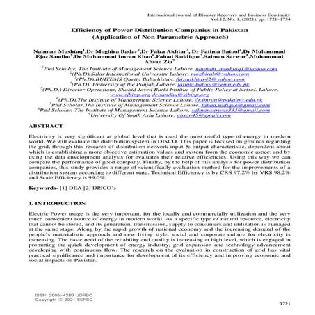 Efficiency of Power Distribution Companies in Pakistan (Application of Non Pa...