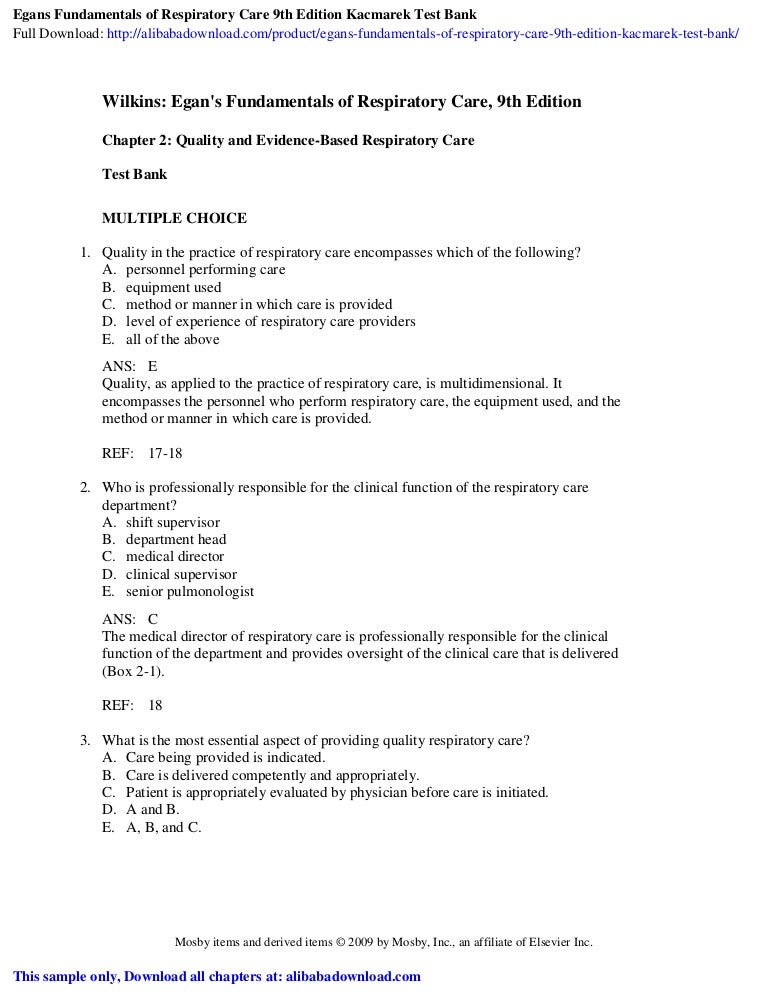 Egans Fundamentals of Respiratory Care 9th Edition Kacmarek Test Bank