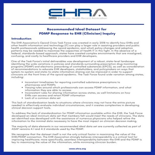 EHR Association - Recommended Ideal Dataset for PDMP Inquiry