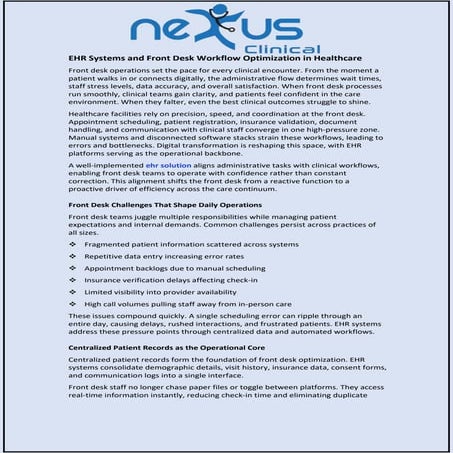 EHR Systems and Front Desk Workflow Optimization in Healthcare | PDF