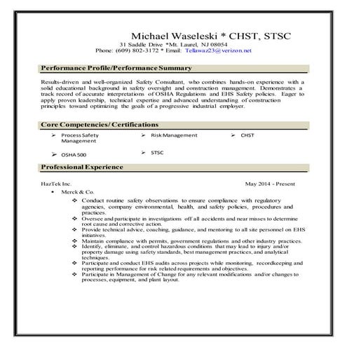 Ehs Resume Examples