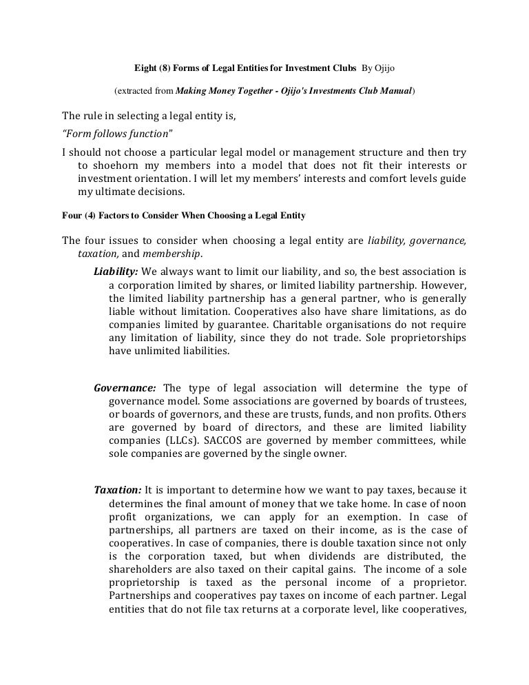 eight 8 forms of legal entities for investment clubs by ojijo