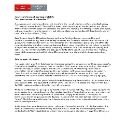 Big Data, Cloud and Mobile: The Changing Role of Enterprise IT - EIU - EMC CI...