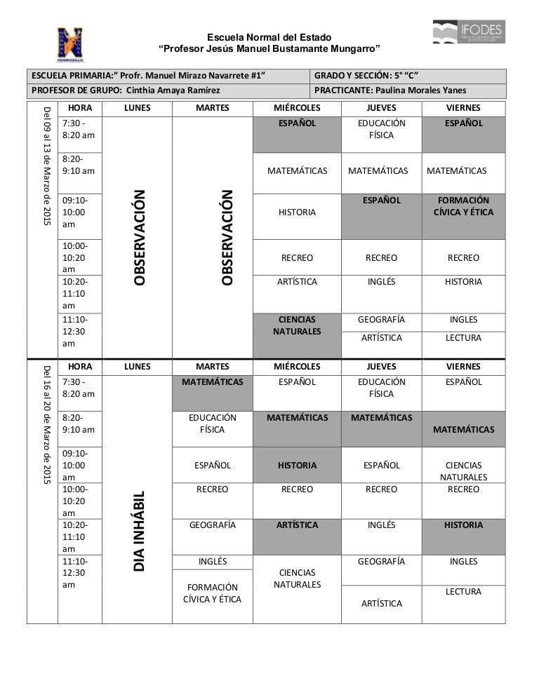 Ejemplo De Tabla De Horarios