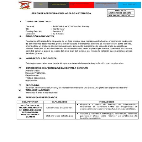 Ejemplo de sesion de aprendizaje 2015 diplomado Matematica MED