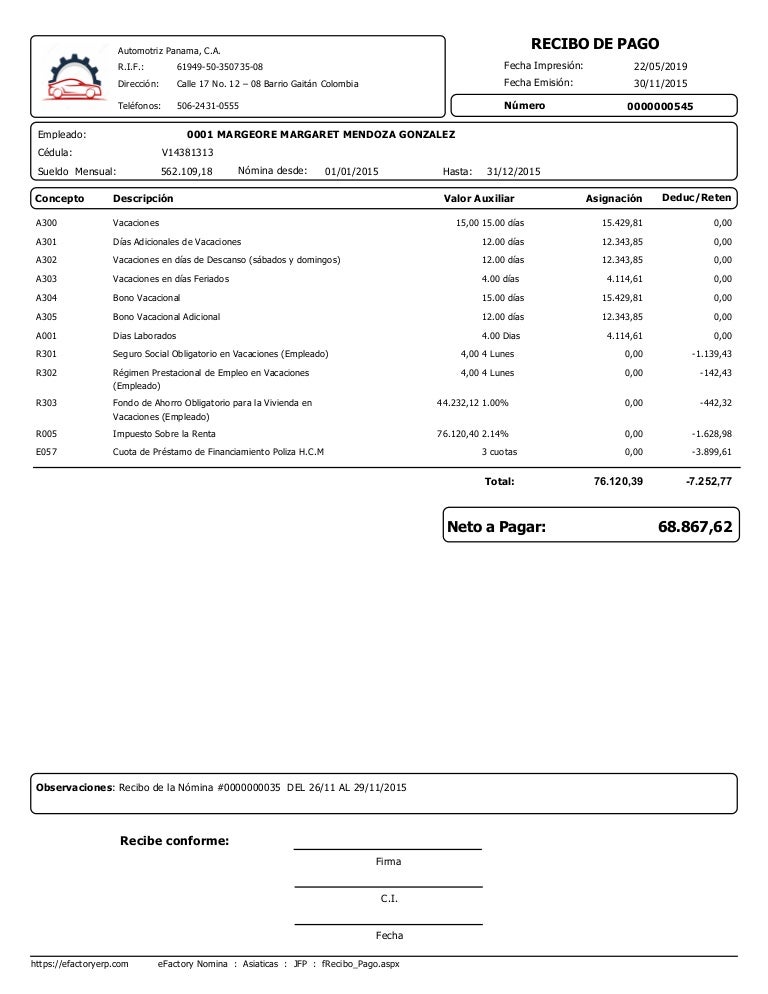 Ejemplos de Recibos de Pagos de Vacaciones de Trabajadores
