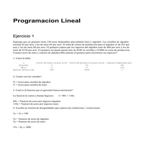 Ejercicio 1 Programacion Lineal | PDF