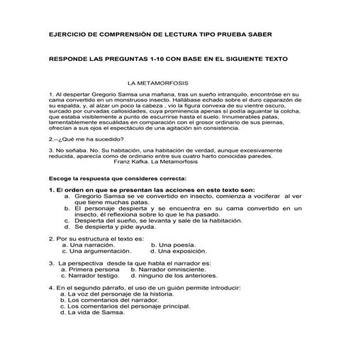 Ejercicio de comprensión de lectura tipo prueba saber