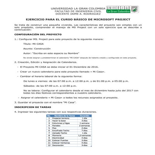 Ejercicio para el curso básico de microsoft project | PDF
