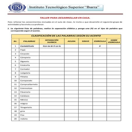 Ejercicios clasificación de palabras