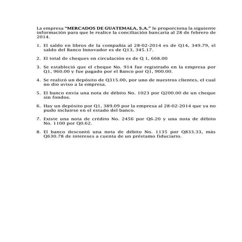Ejercicios conciliación bancaria