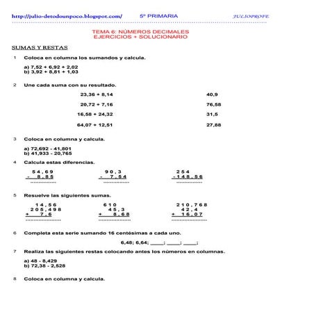 Ejercicios con Decimales + Solucionario