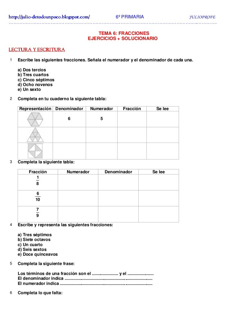 Ejercicios De Fracciones Soluciones 6º