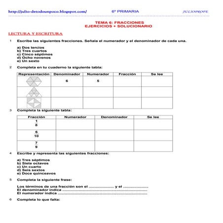 Ejercicios de Fracciones + Soluciones 6º