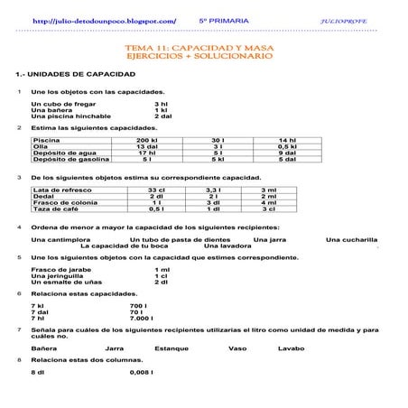Ejercicios + Solucionario  de Masa y Capacidad