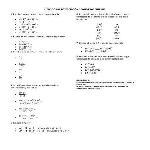 Ejercicios de potenciacion de números enteros