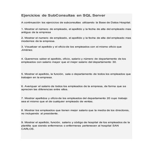 Ejercicios de sub consultas en sql server | DOCX