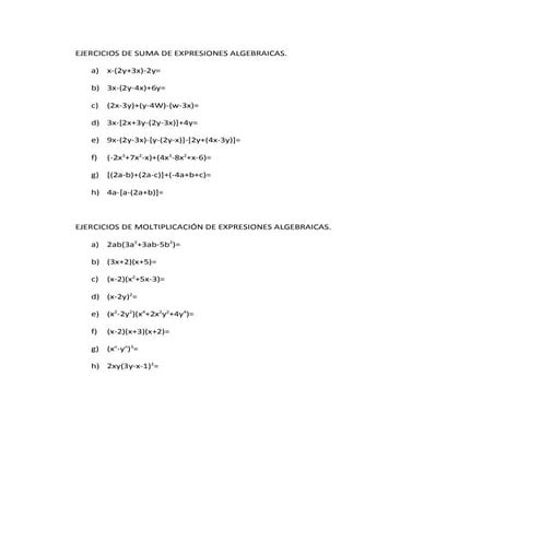 Ejercicios De Suma Y Multiplicacion De Expresiones Algebraicas