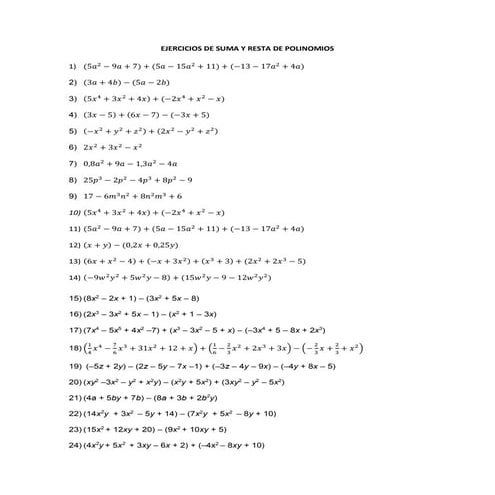 Ejercicios de suma y resta de polinomios